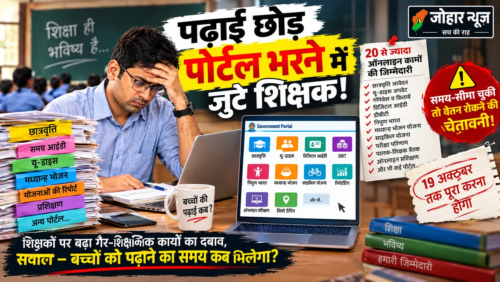पढ़ाई छोड़ पोर्टल भरने में जुटे शिक्षक! 20 से ज्यादा ऑनलाइन कामों का बोझ, समय-सीमा चूकी तो वेतन रोकने की चेतावनी
